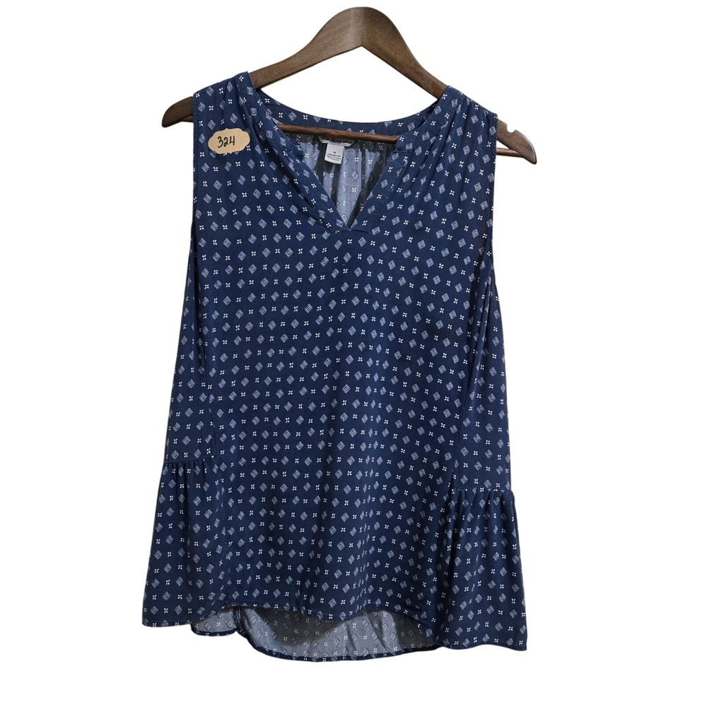 GH Bass Womens Navy Blue Geometric Diamond Print Sleeveless Rayon Blouse‎ M 324